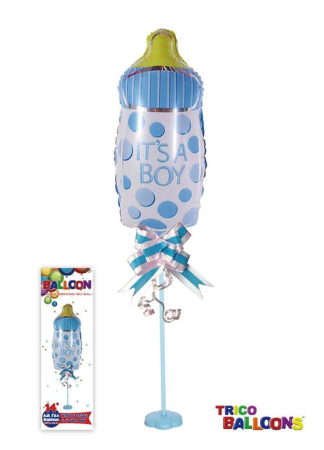 14" Blue Milk Bottle Mylar Balloon Centerpiece with Stand - SKU:BP2094B - UPC:810057953729 - Party Expo