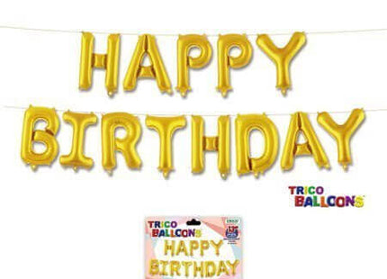 14" Happy Birthday Mylar Balloon Banner - Gold - SKU:BP2075H- Gold - UPC:810057951008 - Party Expo