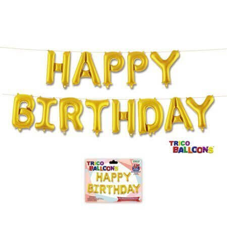 14" Happy Birthday Mylar Balloon Banner - Gold - SKU:BP2075H- Gold - UPC:810057951008 - Party Expo