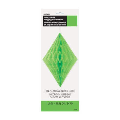 14" Honeycomb Hanging Paper Diamond Decoration - Lime Green - SKU:62988 - UPC:011179629886 - Party Expo
