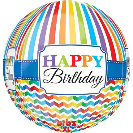 15" Happy Birthday Bright Stripe Chevron Orbz Balloon - SKU:69250 - UPC:026635306775 - Party Expo