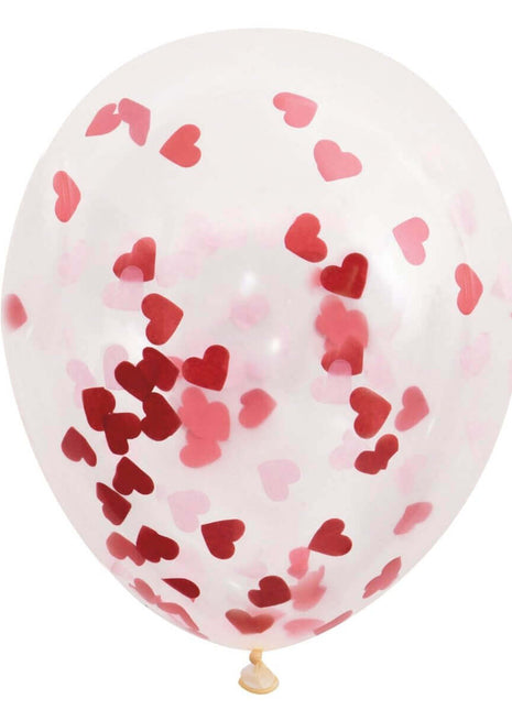 16" Clear Latex Balloons with Heart Confetti (5ct) - SKU:57081 - UPC:011179570812 - Party Expo