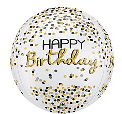 16" Happy Birthday Orbz Balloon - Black, Silver, & Gold - SKU:114238 - UPC:026635462174 - Party Expo
