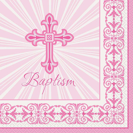 16 Pink Radiant Radiant Cross Baptism Lunch Napkin (16ct) - SKU:43802 - UPC:011179438020 - Party Expo