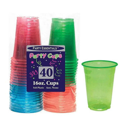 16oz Assorted Neon 40ct Soft Plastic Cups - Party Expo