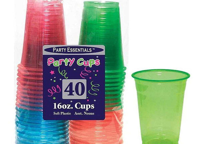 16oz Assorted Neon 40ct Soft Plastic Cups - SKU:N164060 - UPC:098382616919 - Party Expo