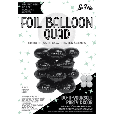 17" LaFete Quad Mylar Balloons - Black (4ct) - SKU:LF-30839 - UPC:099996033321 - Party Expo