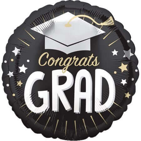 18" Congrats Grad Cap Mylar Balloon - Black & Silver - SKU:103349 - UPC:026635410274 - Party Expo