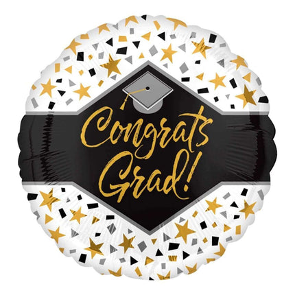 18" Congrats Grad Stars Confetti Graduation Mylar Balloon - Black, Silver, Gold - SKU:90073 - UPC:026635373036 - Party Expo