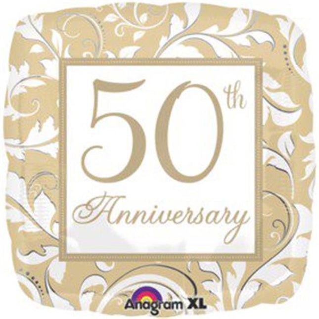 18" Gold Scroll 50th Anniversary Mylar Balloon #146 - SKU:56333 - UPC:026635247832 - Party Expo