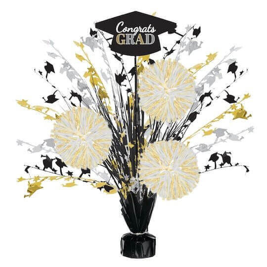 18" Grad Tinsel Burst Centerpiece - Black, Silver, Gold - SKU:110731 - UPC:192937224137 - Party Expo