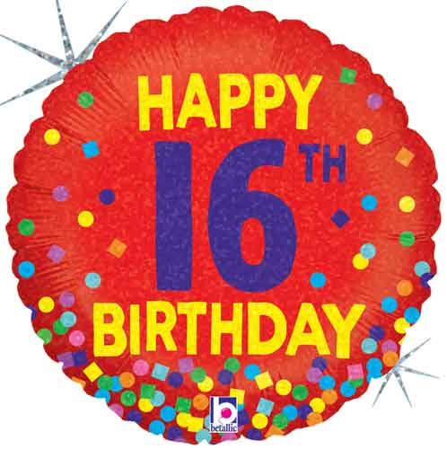 18" Happy 16th Birthday Confetti Mylar Balloon #57 - SKU:97361 - UPC:030625368896 - Party Expo