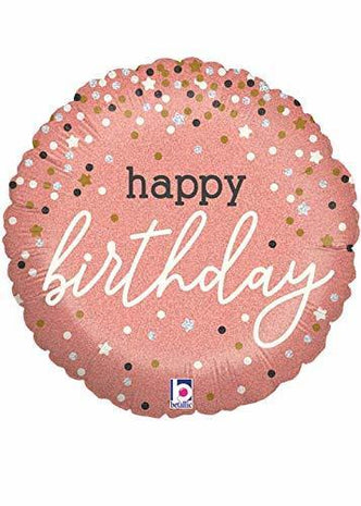 18" Happy Birthday Rose Gold Confetti Mylar Balloon #40 - SKU:104376 - UPC:030625369855 - Party Expo