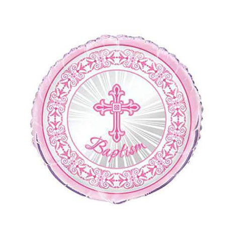 18" Pink Radiant Cross Baptism Foil Balloon #287 - SKU:43799 - UPC:011179437993 - Party Expo