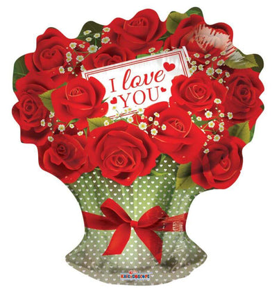 18" Shape I Love You Red Roses Branch Mylar Balloon - V7 - SKU:19624-18SP - UPC:681070198103 - Party Expo
