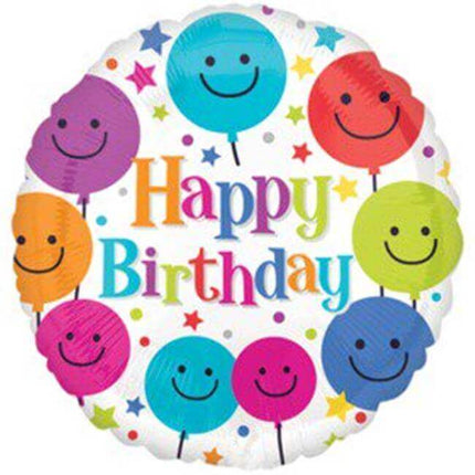 18" Smiley Face Happy Birthday Mylar Balloon #109 - SKU:63459 - UPC:026635279345 - Party Expo