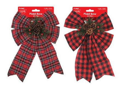 Christmas Bows with Plaid Print and Pinecone Berries (1ct) - SKU:DB111 - UPC:677916862451 - Party Expo