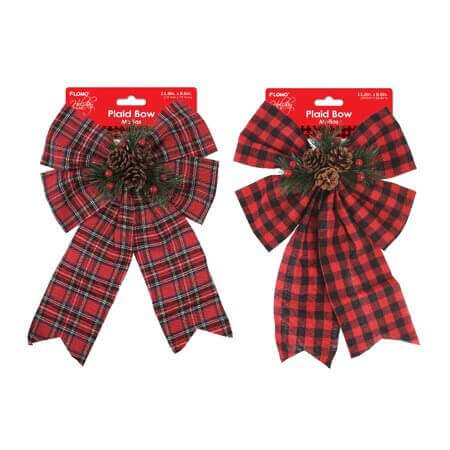 Christmas Bows with Plaid Print and Pinecone Berries (1ct) - SKU:DB111 - UPC:677916862451 - Party Expo