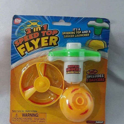 2-in-1 Speed Top Flyer Spinning Toy with 2 Saucers, Launcher & Cutout Target Party Expo  