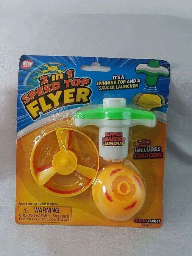 2-in-1 Speed Top Flyer Spinning Toy with 2 Saucers, Launcher & Cutout Target Party Expo  