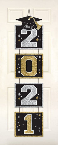 2021 Grad Glitter Vertical Hanging Banner Kit 7.5" X 10.75" - Black, Silver, & Gold - SKU:244050 - UPC:192937224281 - Party Expo