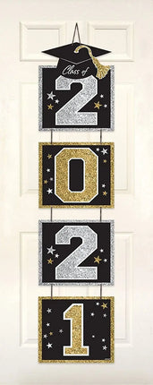 2021 Grad Glitter Vertical Hanging Banner Kit 7.5" X 10.75" - Black, Silver, & Gold Party Expo  