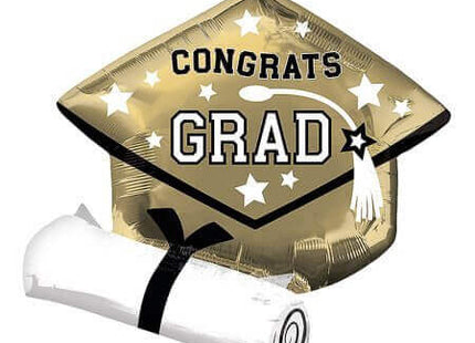 25" Champagne Gold 'Congrats Grad' Diploma & Cap Mylar Balloon - G15 - SKU:44411 - UPC:026635444118 - Party Expo