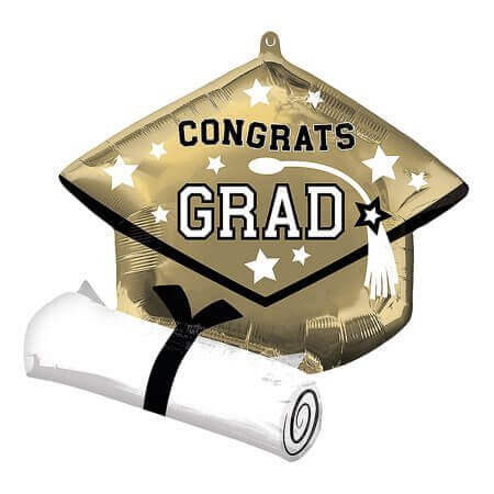 25" Champagne Gold 'Congrats Grad' Diploma & Cap Mylar Balloon - G15 - SKU:44411 - UPC:026635444118 - Party Expo