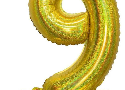 26" Standing Number '9' Mylar Balloon - Holographic Gold - SKU:85907 - UPC:8712364859072 - Party Expo