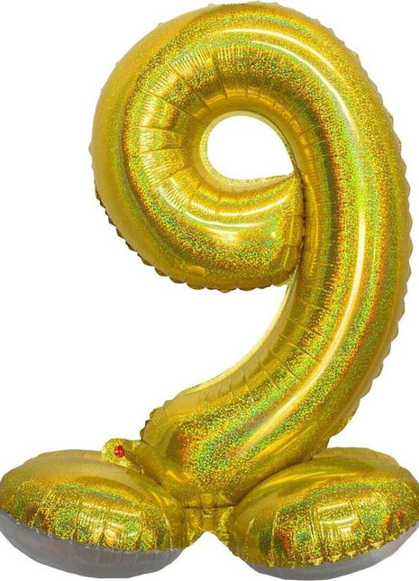 26" Standing Number '9' Mylar Balloon - Holographic Gold - SKU:85907 - UPC:8712364859072 - Party Expo