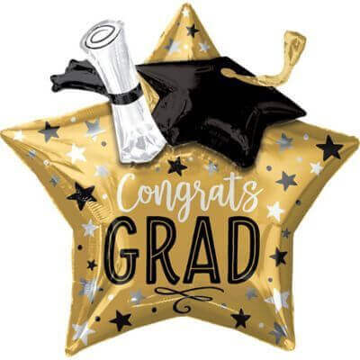 28" Congrats Grad Star/Cap/Diploma Mylar Balloon - SKU:95887 - UPC:026635393386 - Party Expo