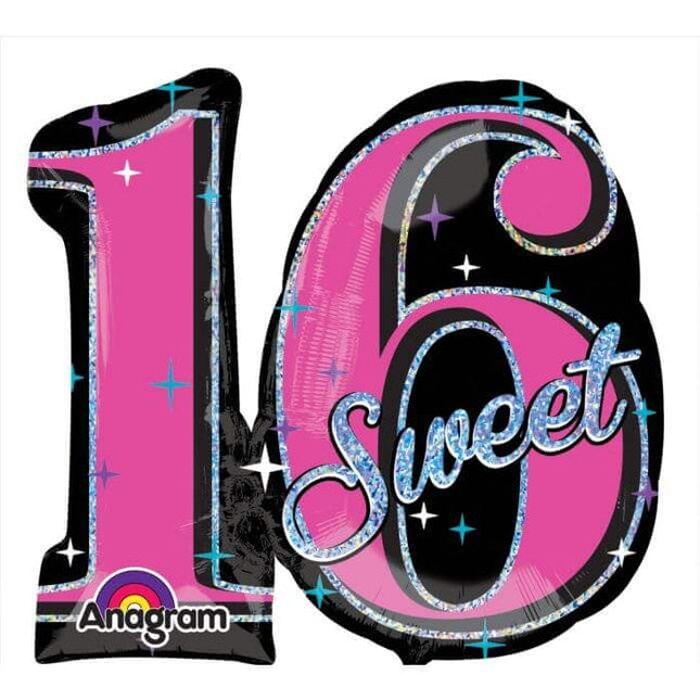 28" Sweet 16 Sparkle Mylar Balloon - SS46 - SKU:305608 - UPC:026635305600 - Party Expo
