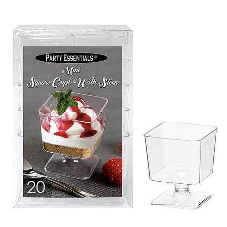 2oz Party Essentials Mini Square Cups with Stem - Clear (20ct) - SKU:N216402 - UPC:098382912349 - Party Expo