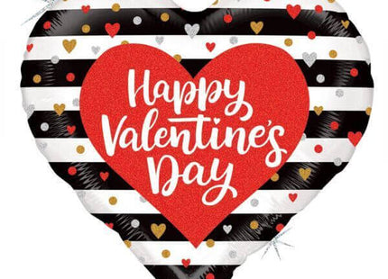 30" Black & White Stripes Valentine Heart Holographic Mylar Balloon - V11 - SKU:93437 - UPC:030625357487 - Party Expo