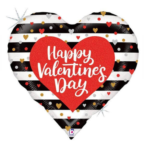 30" Black & White Stripes Valentine Heart Holographic Mylar Balloon - V11 - SKU:93437 - UPC:030625357487 - Party Expo