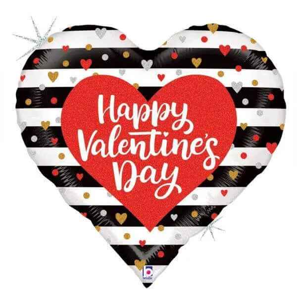 30" Black & White Stripes Valentine Heart Holographic Mylar Balloon - V11 Party Expo  