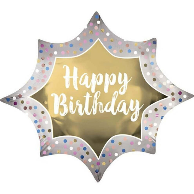 35" Happy Birthday Satin Gold Burst Mylar Balloon - SS2 - SKU:95474 - UPC:026635390606 - Party Expo