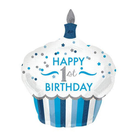 36" 1st Birthday Cupcake Holographic Mylar Balloon - Blue - SKU:83522 - UPC:026635345231 - Party Expo