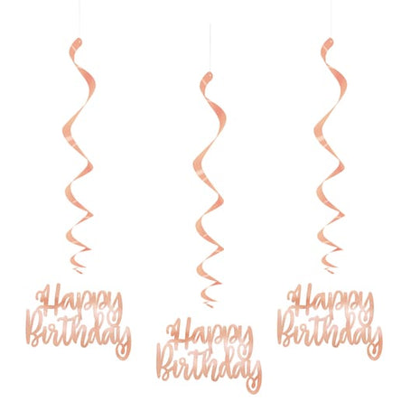 3ct. Happy Birthday Rose Gold Hanging Decoration - SKU:62943 - UPC:011179629435 - Party Expo