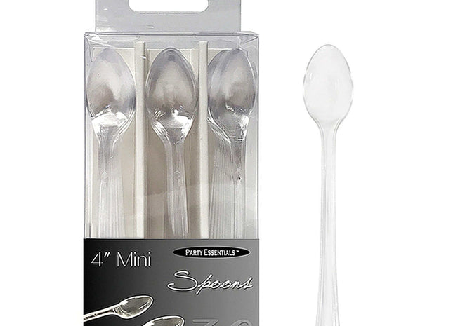 4" Party Essentials Mini Plastic Spoons - Clear (30ct) - SKU:N216409 - UPC:098382912653 - Party Expo