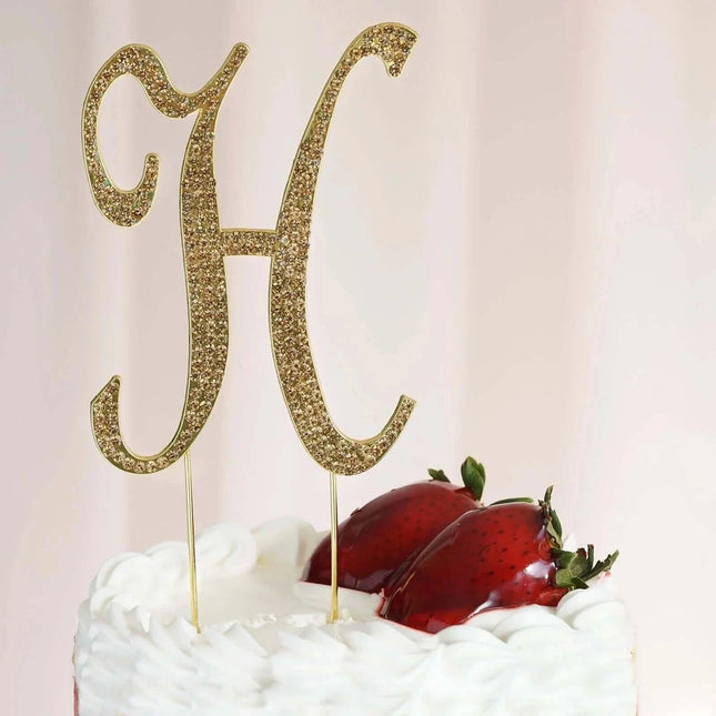 4.5" Gold Rhinestone Monogram Letter 'H' Cake Topper - SKU:CAKE_TOPG4_H - UPC:10678930 - Party Expo