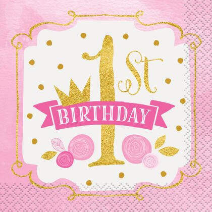 5" 1st Birthday Beverage Napkins - Pink & Gold (16ct) - SKU: - UPC:011179581511 - Party Expo