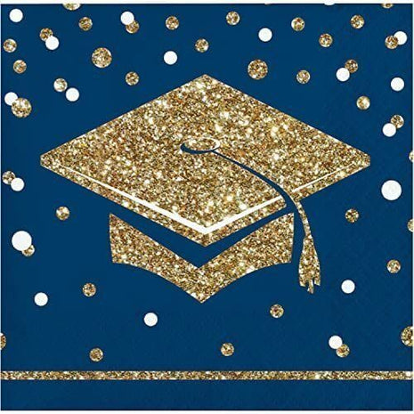 5" Glittering Grad Beverage Napkins - Gold, Navy, and White (36ct) - SKU:356135 - UPC:039938865108 - Party Expo