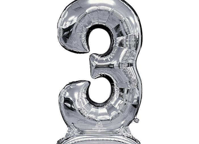 50" Stand-Up (Numberz 3) Mylar Balloons - Silver (Air-Filled Only) - SKU:113796 - UPC:026635453844 - Party Expo