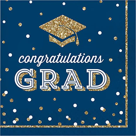 6.5" Glittering Grad Luncheon Napkins - Gold, Navy, and White (36ct) - SKU:356137 - UPC:039938865122 - Party Expo