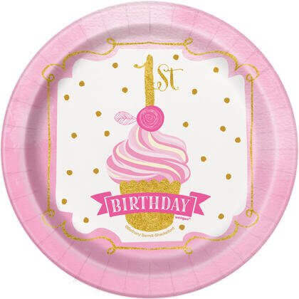 7" 1st Birthday Dessert Plates - Pink & Gold - SKU:58154 - UPC:011179581542 - Party Expo