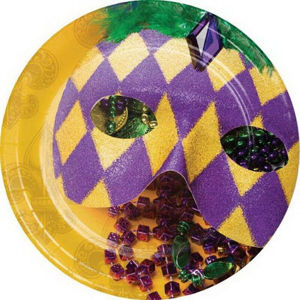 7" Masks of Mardi Gras Dessert Cake Paper Plates (8ct) - SKU:335255 - UPC:039938547516 - Party Expo