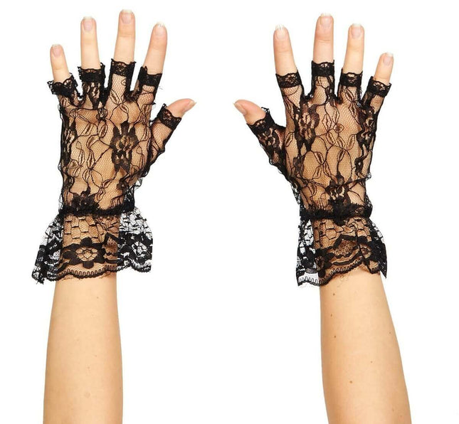 80s Lacey Fingerless Gloves-Black - SKU:62152 - UPC:721773621529 - Party Expo