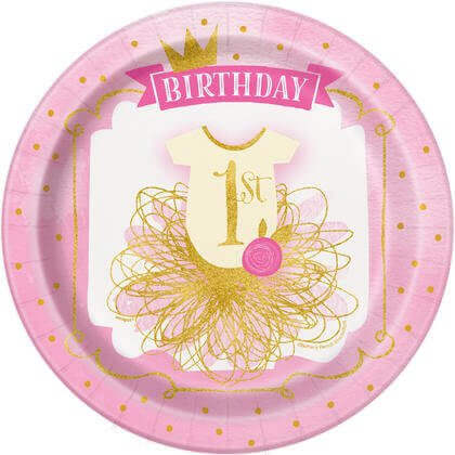 9" 1st Birthday Dinner Plates - Pink & Gold - SKU: - UPC:011179581559 - Party Expo
