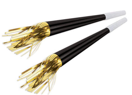 9" Black Foil Horns with Gold Tassel - SKU:88646-BKGD100 - UPC:219391836673 - Party Expo